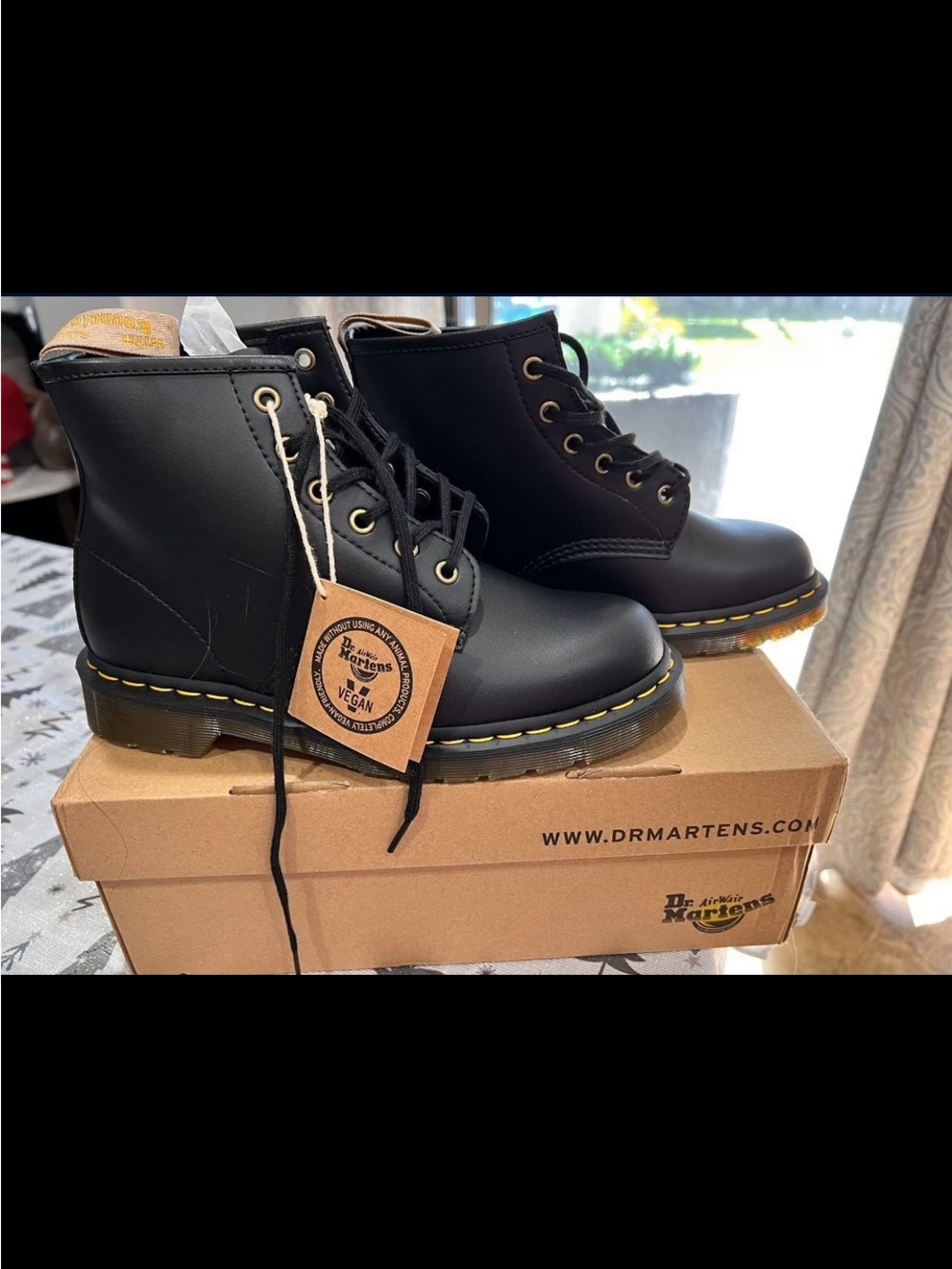 Dr. Martens Black Lace-Up Vegan Boots with Yellow Stitching